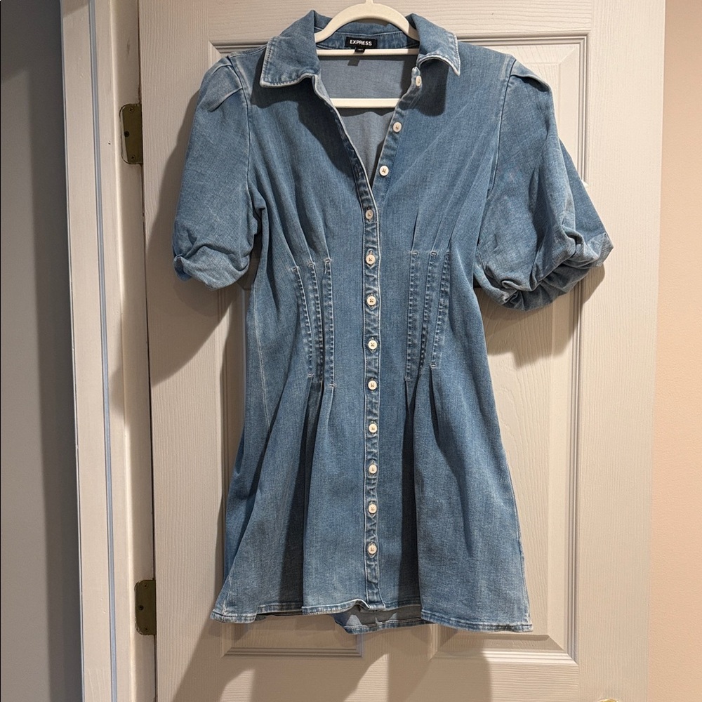 Express Blue Denim Dress with Puff Sleeves
